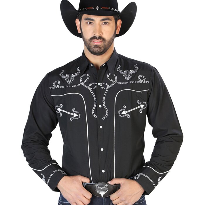 Camisa Negra Bordada Con Diseño De Soga Y Calavera De Toro Cuernos Largos 126711