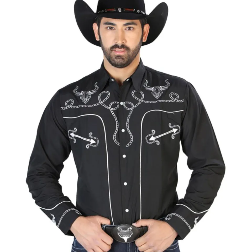 Camisa Negra Bordada Con Diseño De Soga Y Calavera De Toro Cuernos Largos 126711