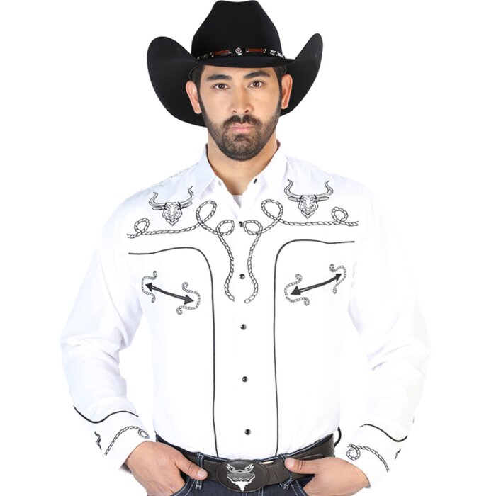 Camisa Blanca Bordada Con Diseño De Soga Y Calavera De Toro Cuernos Largos