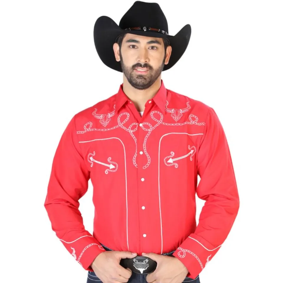 Camisa Roja Bordada Con Diseño De Soga Y Calavera De Toro Cuernos Largos 126713
