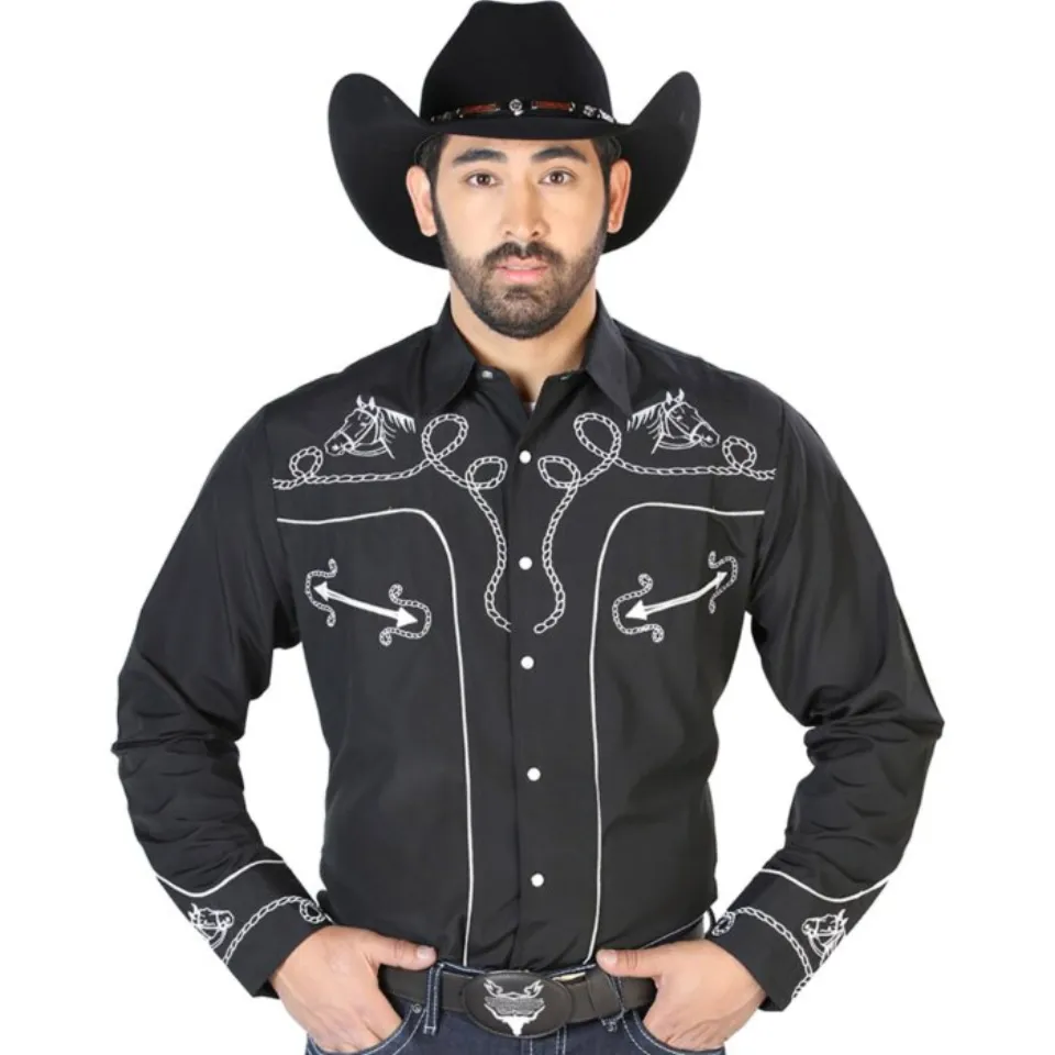 Camisa Negra Bordada Con Diseño De Soga Y Cabeza De Caballo 126714