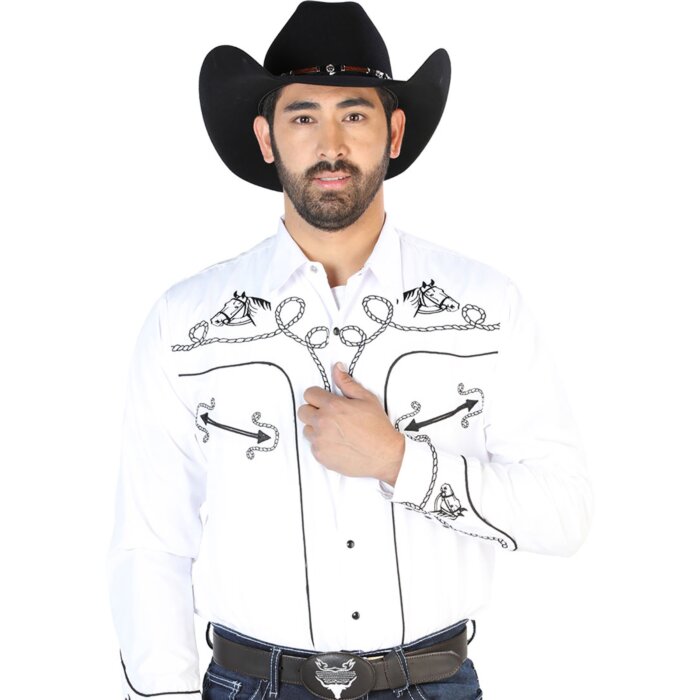 Camisa Blanca Bordada Con Diseño De Soga Y Cabeza De Caballo 126715