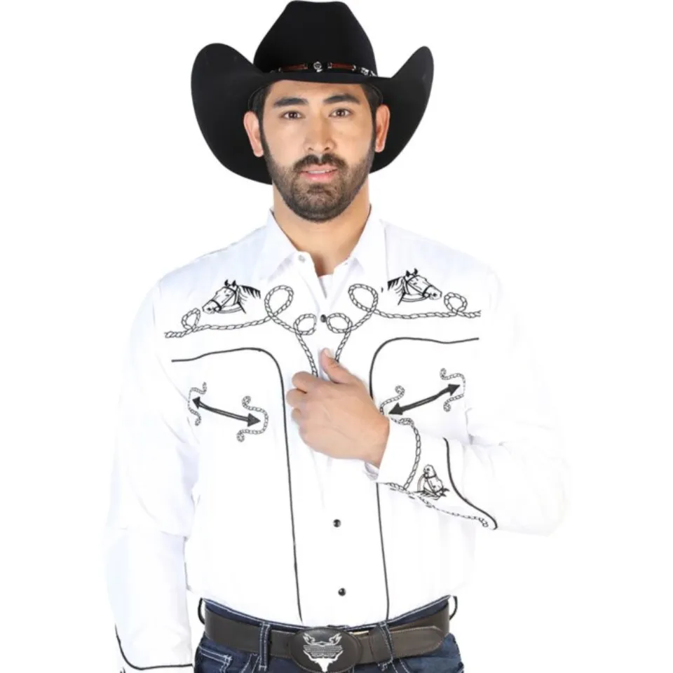 Camisa Blanca Bordada Con Diseño De Soga Y Cabeza De Caballo 126715