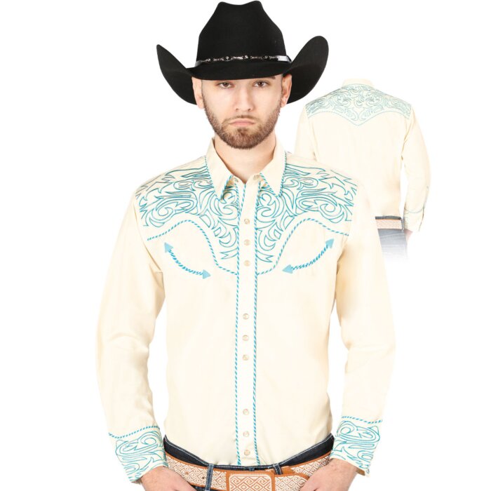 Camisa Vaquera Bordada El Señor De Los Cielos Color Beige-Acqua