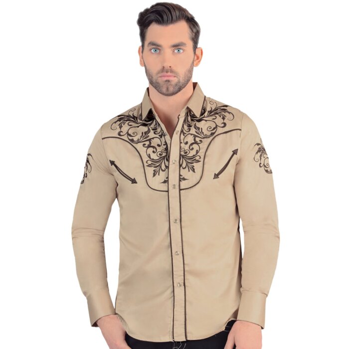 Lamasini 2206 Men's Beige Long Sleeve Western Shirt Black Embroidery