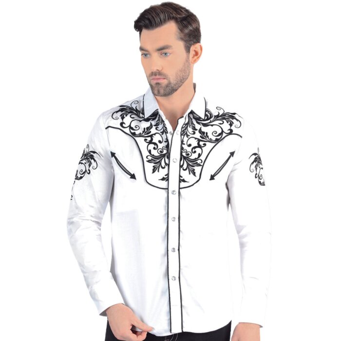 Men's White Long Sleeve Western Shirt with Black Embroidery Lam 2206