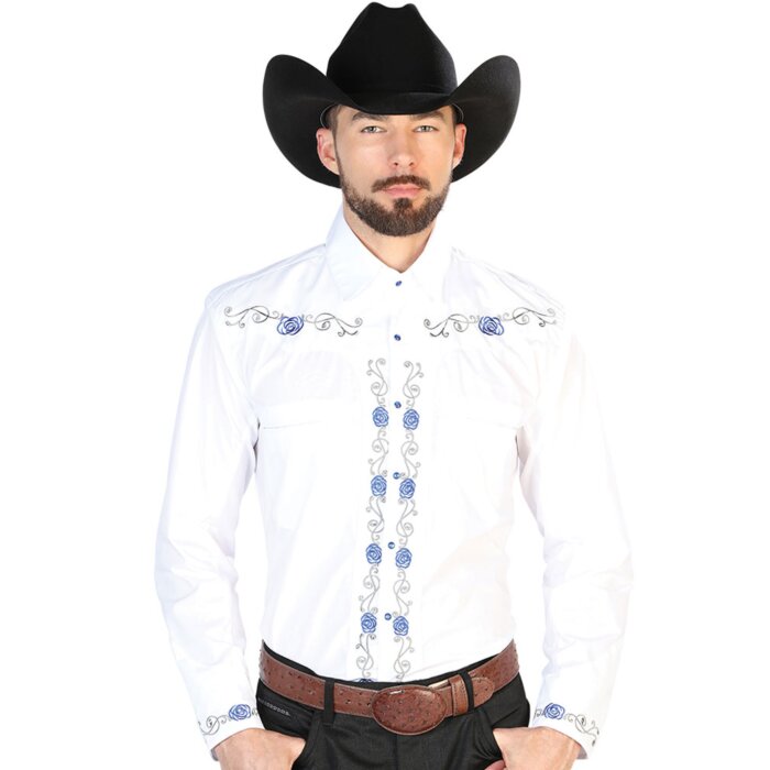 Camisa Vaquera Blanca Bordado Flores Azules