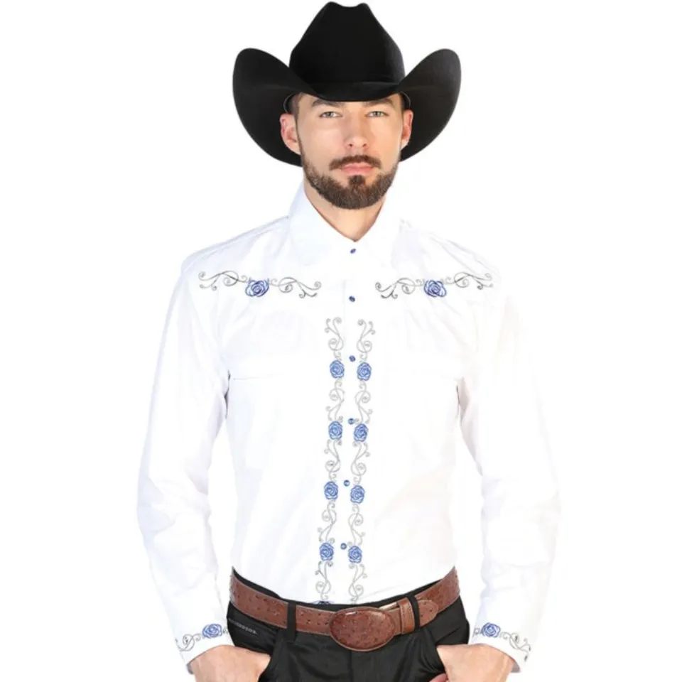 Camisa Vaquera Blanca Bordado Flores Azules