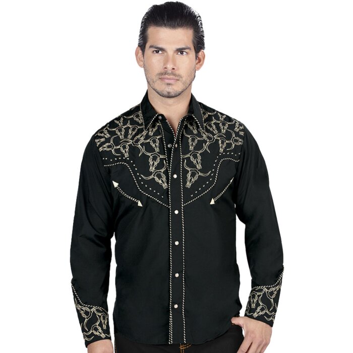 Men's black western shirt with gold embroidery, snap buttons, and a classic cowboy style by El General.