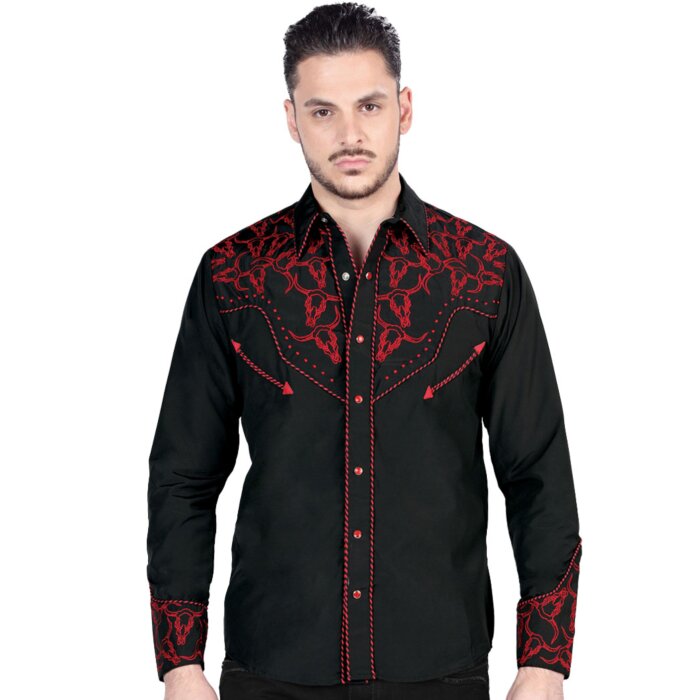 Men's black western shirt with red embroidery, snap buttons, and a classic cowboy design by El General.