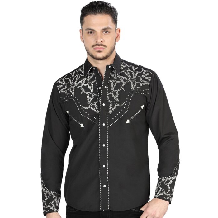 Camisa vaquera negra para caballero con bordado plateado, botones de broche y estilo cowboy clásico de El General.