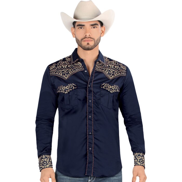 Montero 3542 men's navy blue long sleeve Western shirt with gold embroidery and snap buttons