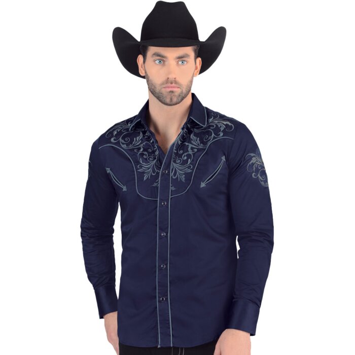 Lamasini 2206 Men's Navy Long Sleeve Western Shirt with Embroidery - front view.