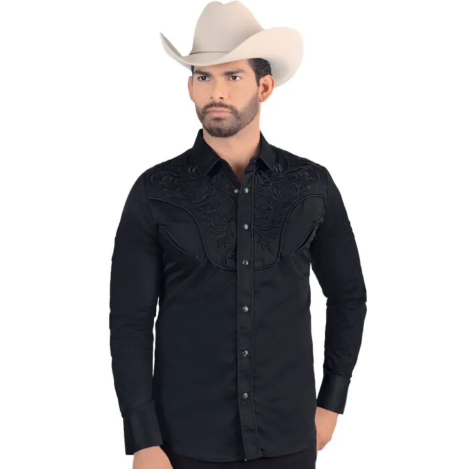 Front view of Lamasini 2206 Men's Black Long Sleeve Western Shirt with Embroidery worn with a beige cowboy hat.