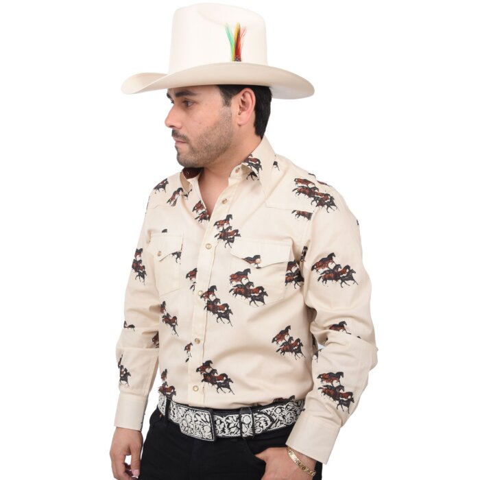 Camisa Vaquera Beige Con Estampado De Caballos WD 11-882
