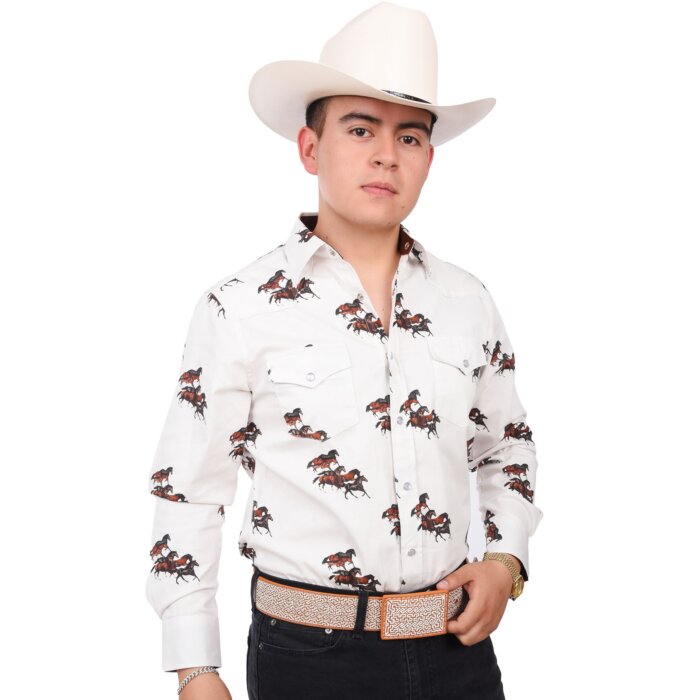Camisa Vaquera Blanca Con Estampado De Caballos WD 11-881