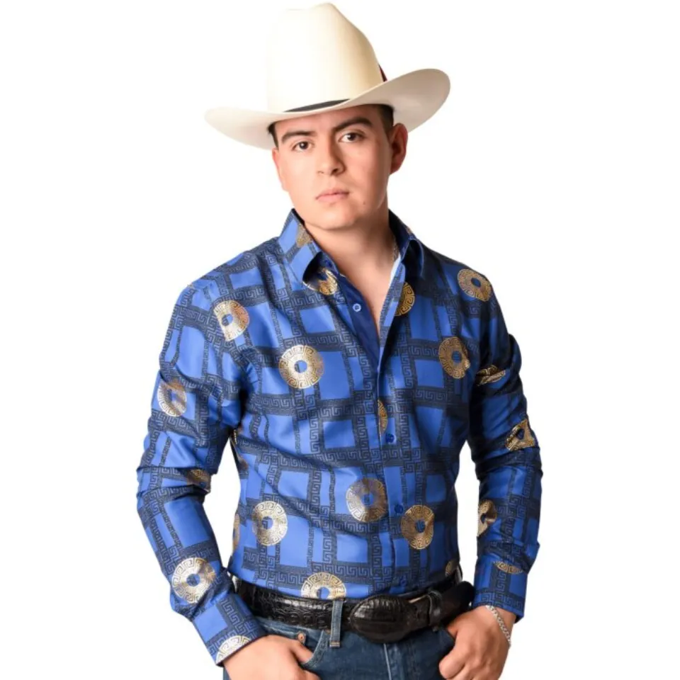 Camisa Vaquera Grecas Color Azul Y Oro WD 11-896