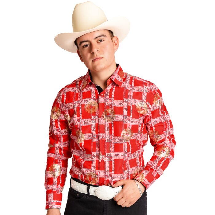 Camisa Vaquera Diseño De Grecas Color Rojo-Blanco WD 11-898