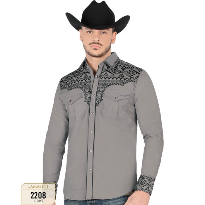 Camisa Vaquera Bordada Gris Lamasini 2208