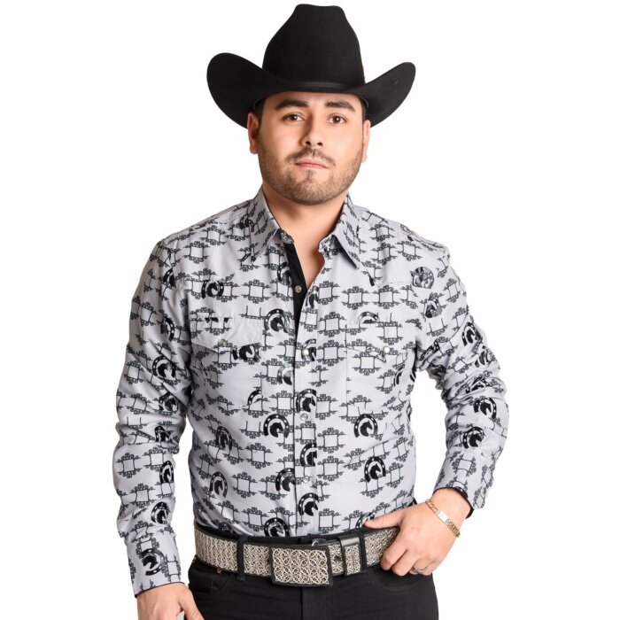 Camisa Vaquera Gris Con Estampado De Herraduras y Caballos WD 11-894
