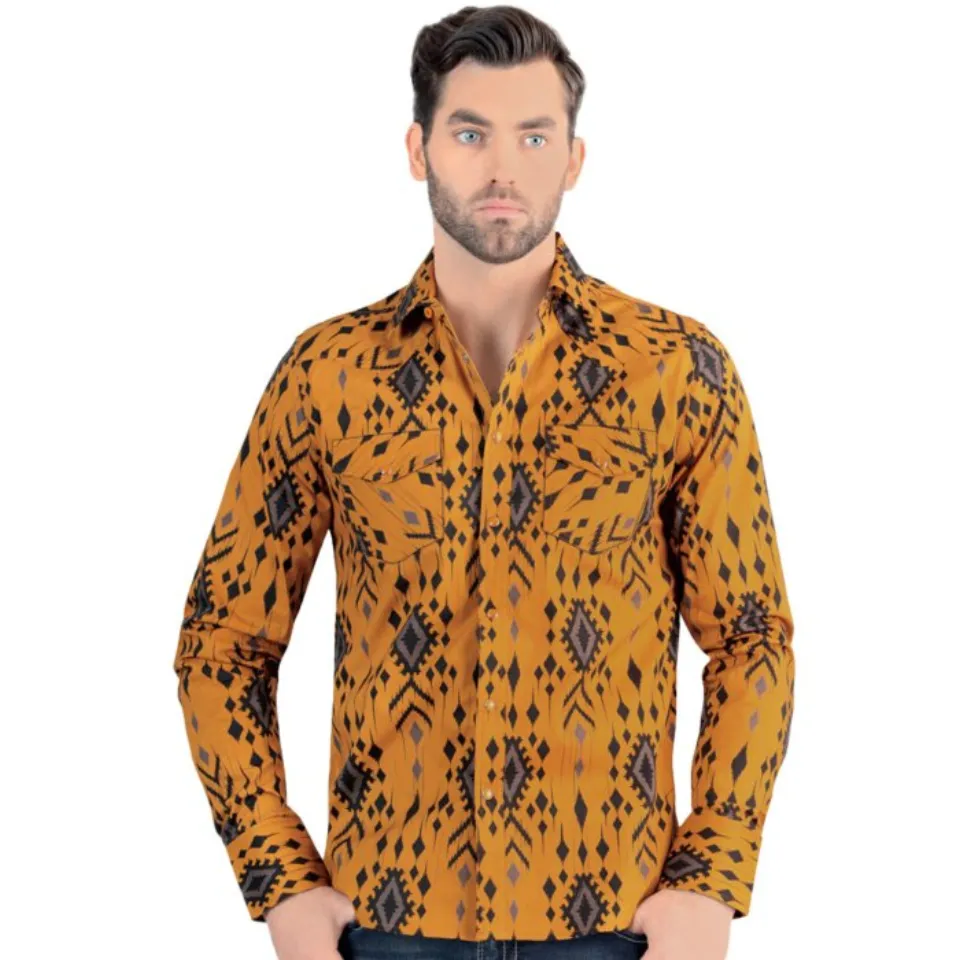 Front view of Men's Camel Long Sleeve Shirt with Tribal Pattern Lamasini 0105.