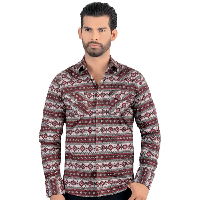 Model wearing Men's Mocha Geometric Pattern Shirt - Snap Button - Modern Fit - Lamasini 0106.