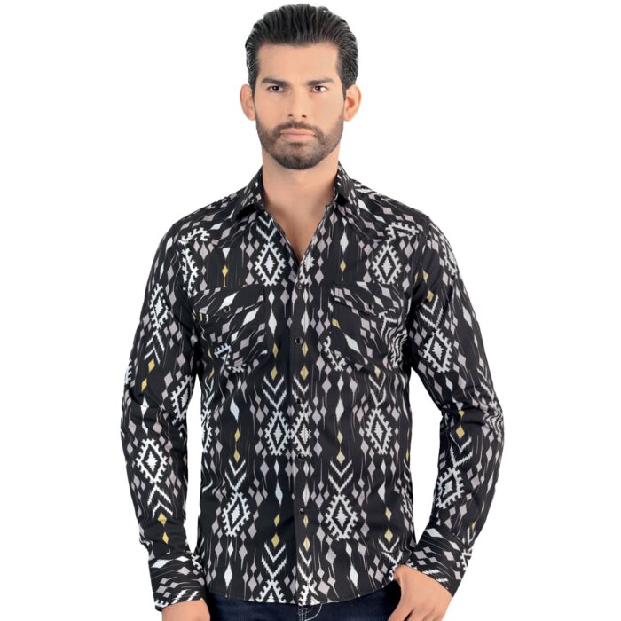Vista frontal de la Camisa de Manga Larga Negra con Patrón Tribal para Hombre Lamasini 0105.