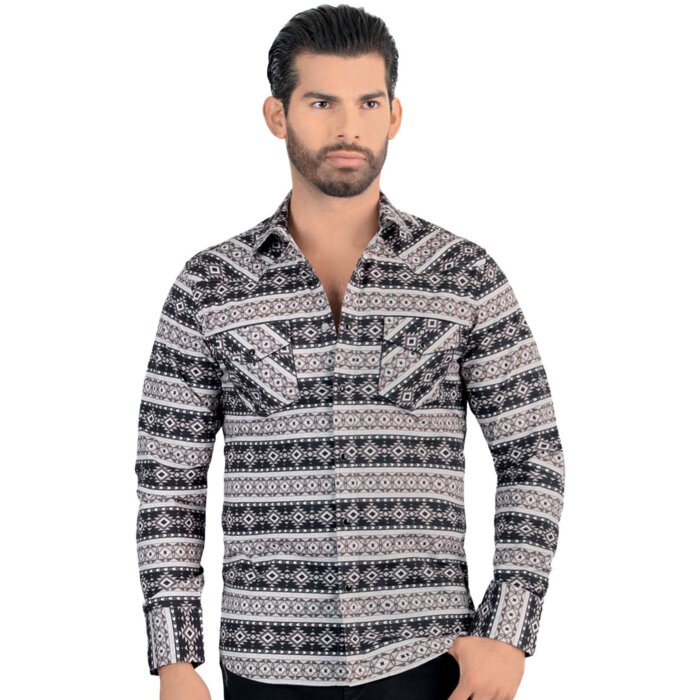 Front view of Men's Black and White Geometric Pattern Shirt - Snap Button - Modern Fit - Lamasini 0106.