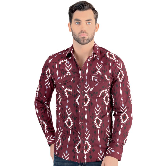 Vista frontal de la Camisa de Manga Larga Color Vino con Patrón Tribal para Hombre Lamasini 0105.
