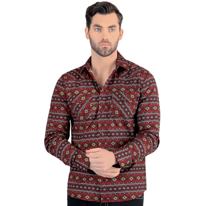 Front view of Men's Burgundy Geometric Pattern Shirt - Snap Button - Modern Fit - Lamasini 0106.