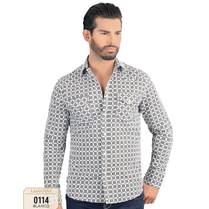 Front view of Men's White Long Sleeve Shirt with Black Geometric Pattern Lamasini 0114.