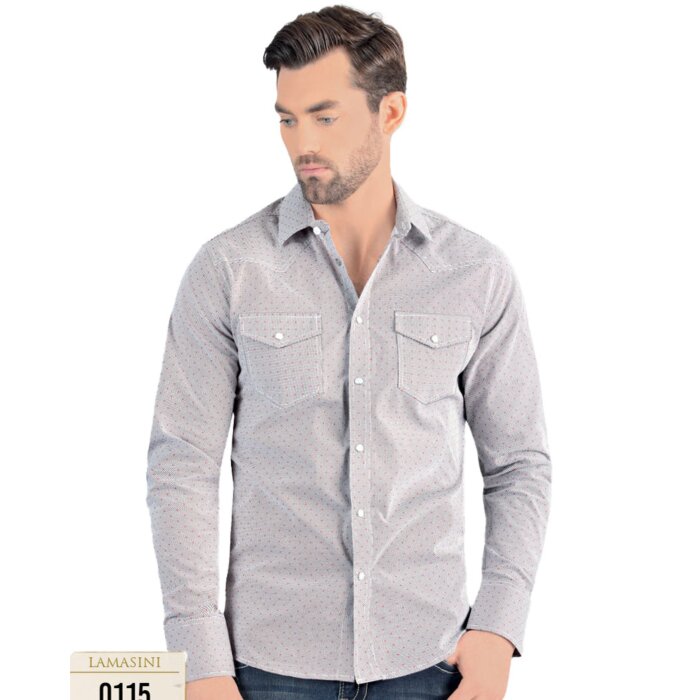 Front view of Men's White Long Sleeve Shirt with Subtle Dots - Snap Button - Modern Fit - Lamasini 0115.