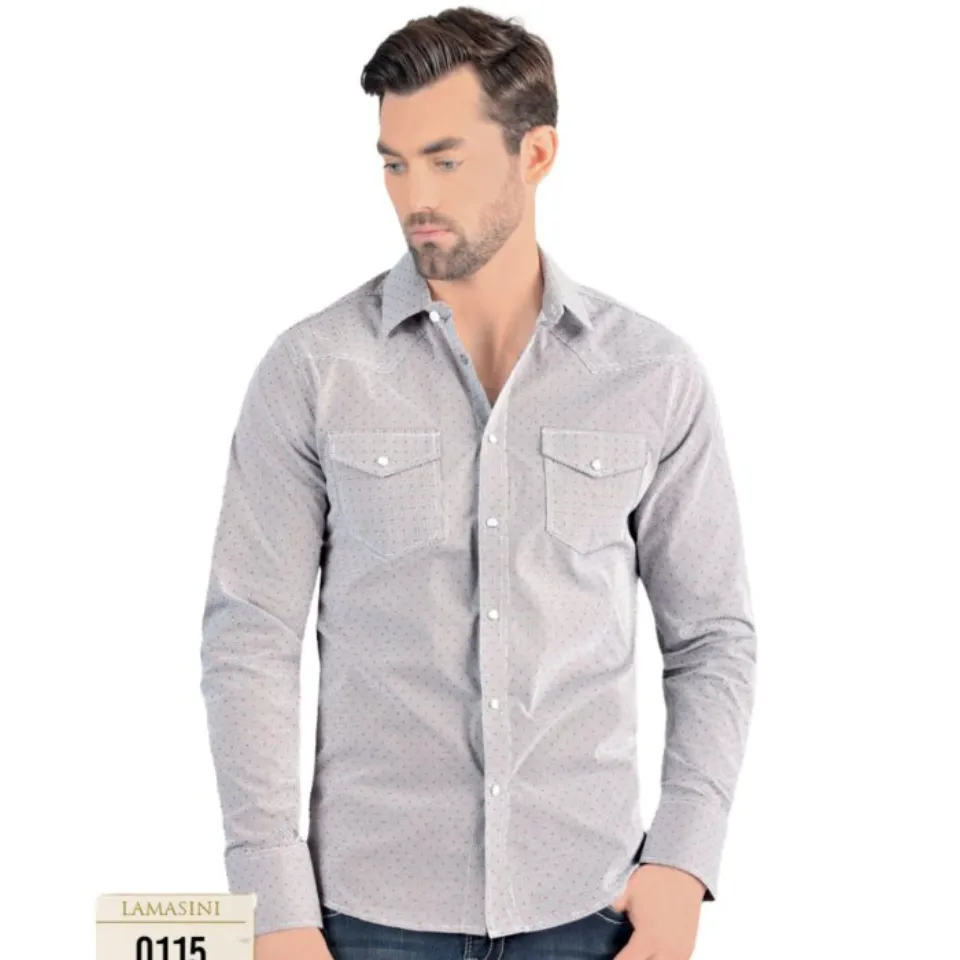Front view of Men's White Long Sleeve Shirt with Subtle Dots - Snap Button - Modern Fit - Lamasini 0115.