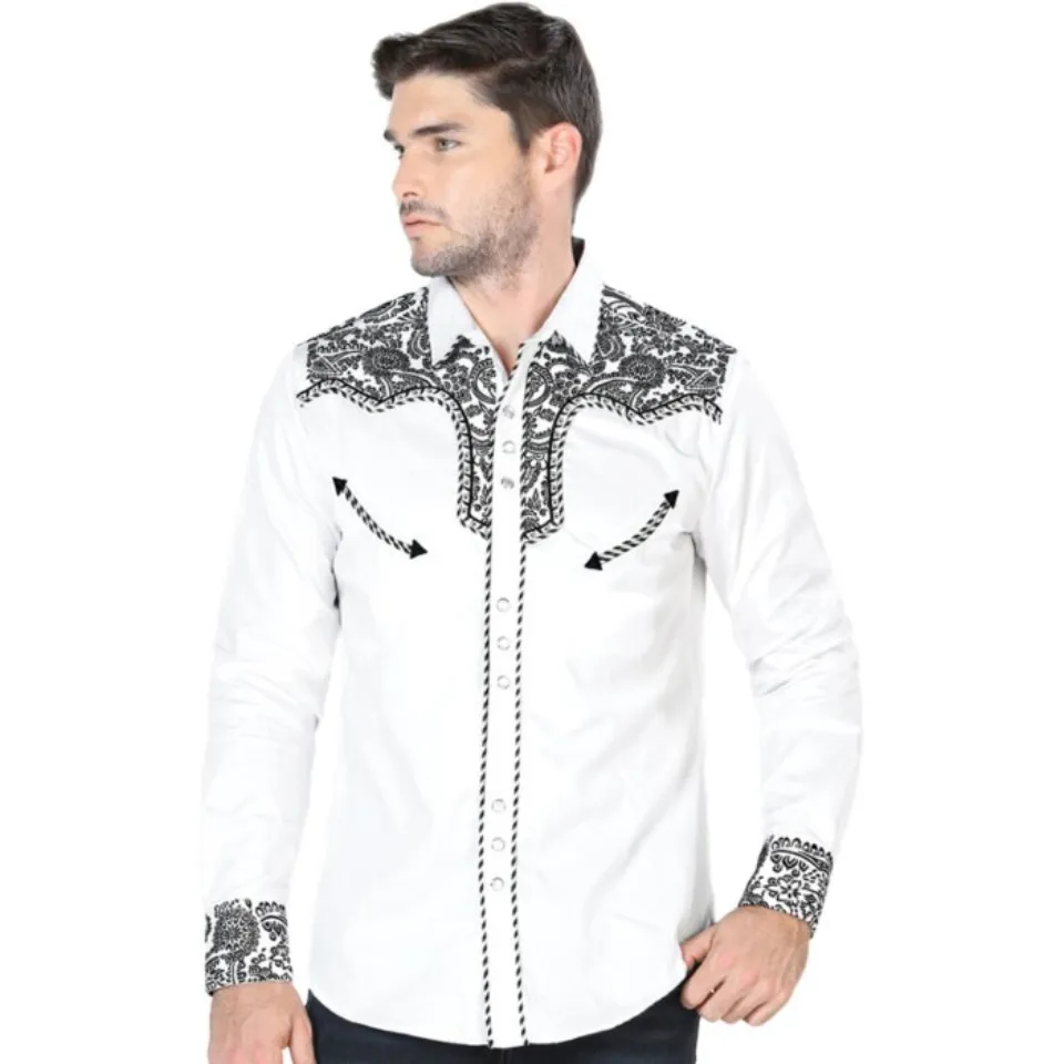 Model wearing Men's White Western Embroidered Shirt - Lamasini 2203, showcasing detailed black embroidery and snap button front.