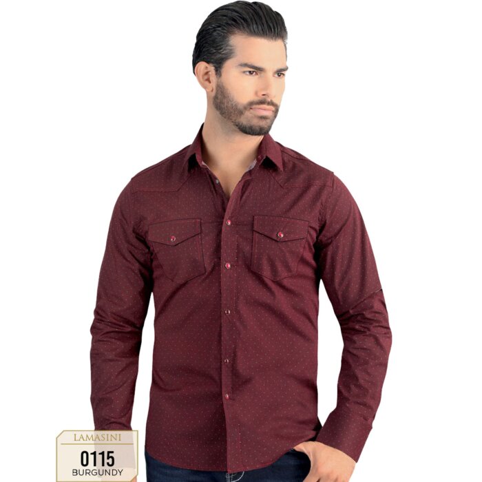 Front view of Men's Burgundy Long Sleeve Shirt with Subtle Dots - Snap Button - Modern Fit - Lamasini 0115.