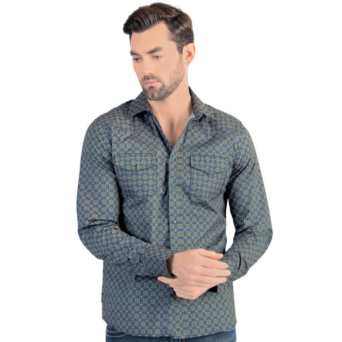 Front view of Men's Navy Long Sleeve Shirt with Yellow Geometric Pattern Lamasini 0114.