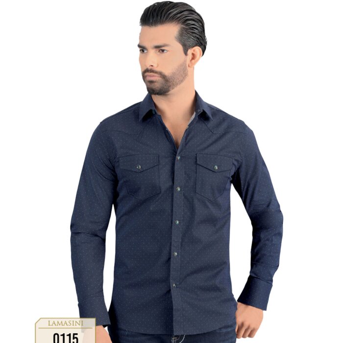 Front view of Men's Navy Blue Long Sleeve Shirt with Subtle Dots - Snap Button - Modern Fit - Lamasini 0115.