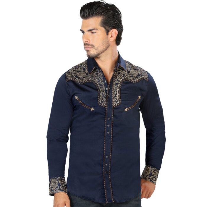 Model wearing Men's Navy Western Embroidered Shirt - Lamasini 2203, showcasing intricate gold embroidery and snap button front.