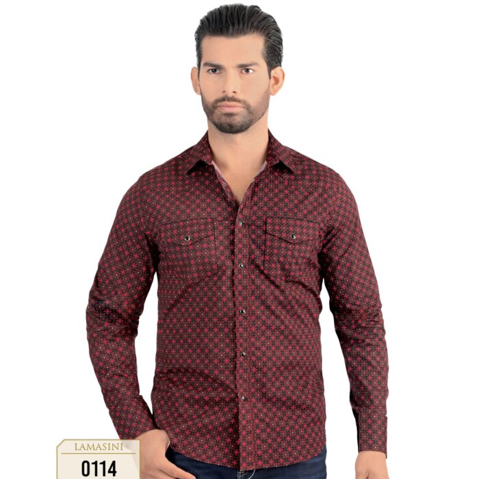 Front view of Men's Black Long Sleeve Shirt with Red Geometric Pattern Lamasini 0114.
