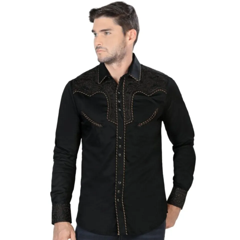 Model wearing Men's Black Western Embroidered Shirt - Lamasini 2203, highlighting intricate gold embroidery and snap button front.