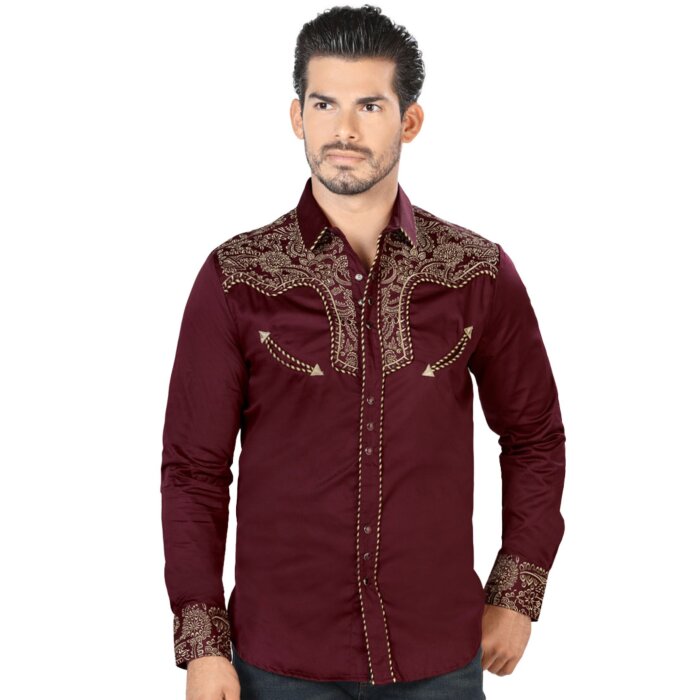 Model wearing Men's Burgundy Western Embroidered Shirt - Lamasini 2203, showcasing detailed embroidery and snap button front.