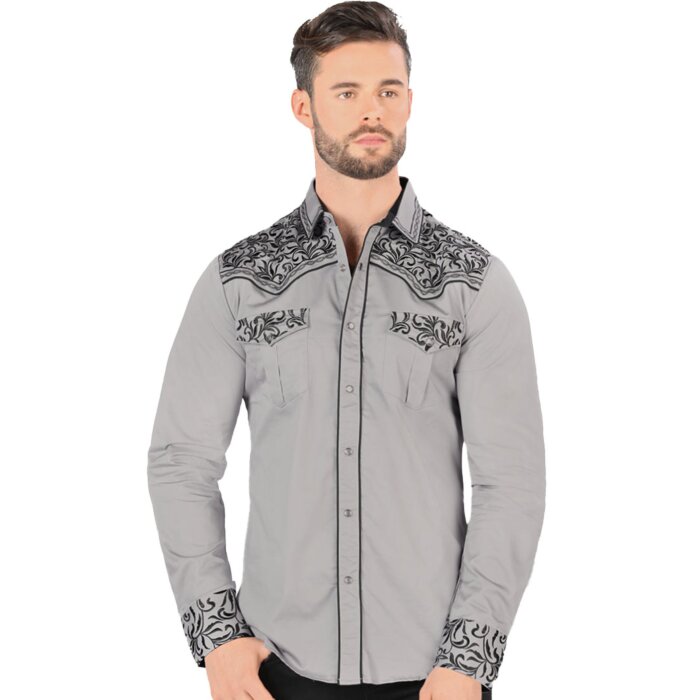 Camisa Vaquera Bordada Montero Color Gris Bordado Negro VA3541