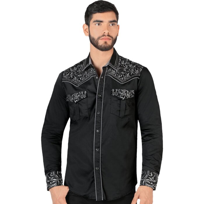Camisa Vaquera Bordada Montero Color Negro Con Bordado Gris VA3541