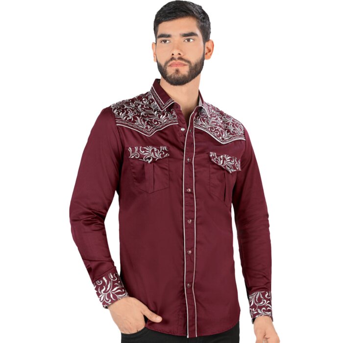 Camisa Vaquera Bordada Montero Color Vino VA3541