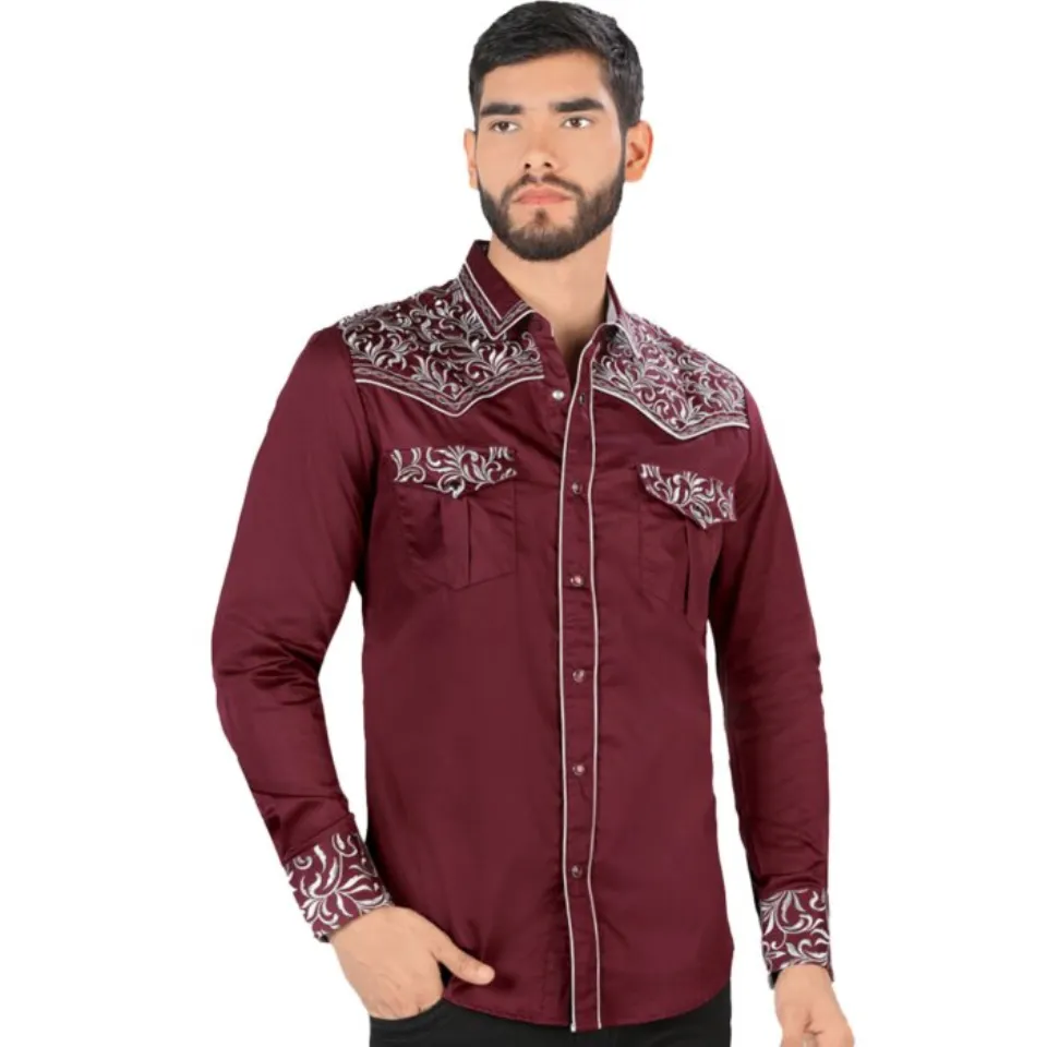 Camisa Vaquera Bordada Montero Color Vino VA3541