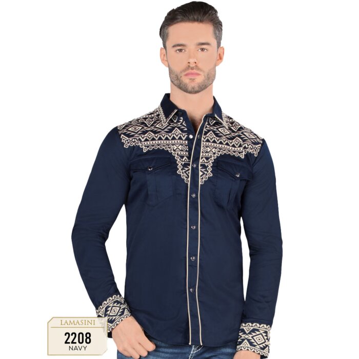 Camisa Vaquera Bordada Color Navy Lamasini 2208