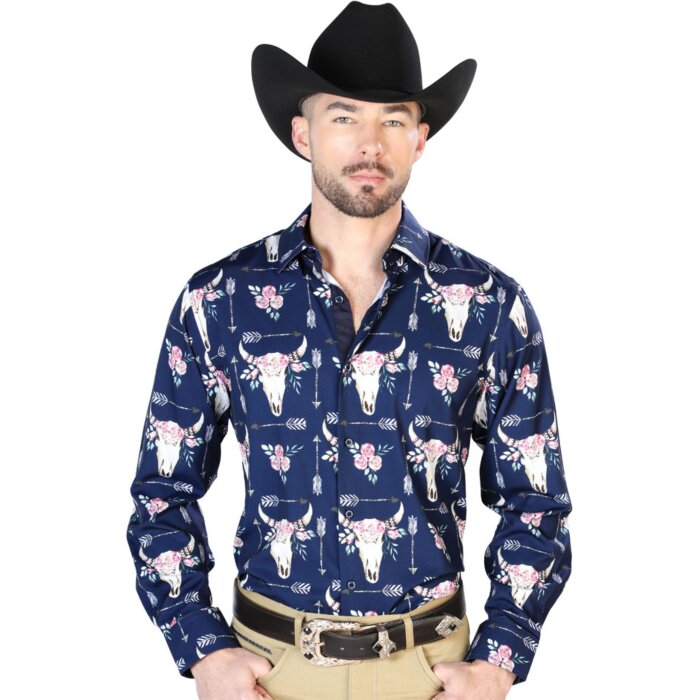 Camisa Vaquera Calavera De Toro ESDLC 43694 Color Navy Blue
