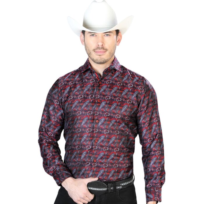 Camisa Jacquard Fina Color Burgundy Con Azul Centenario 43711