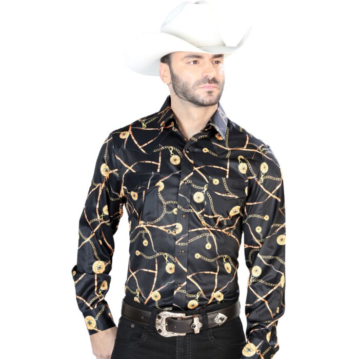 Camisa Vaquera Estampado Cadenas De Oro ESDLC 44087 Negra