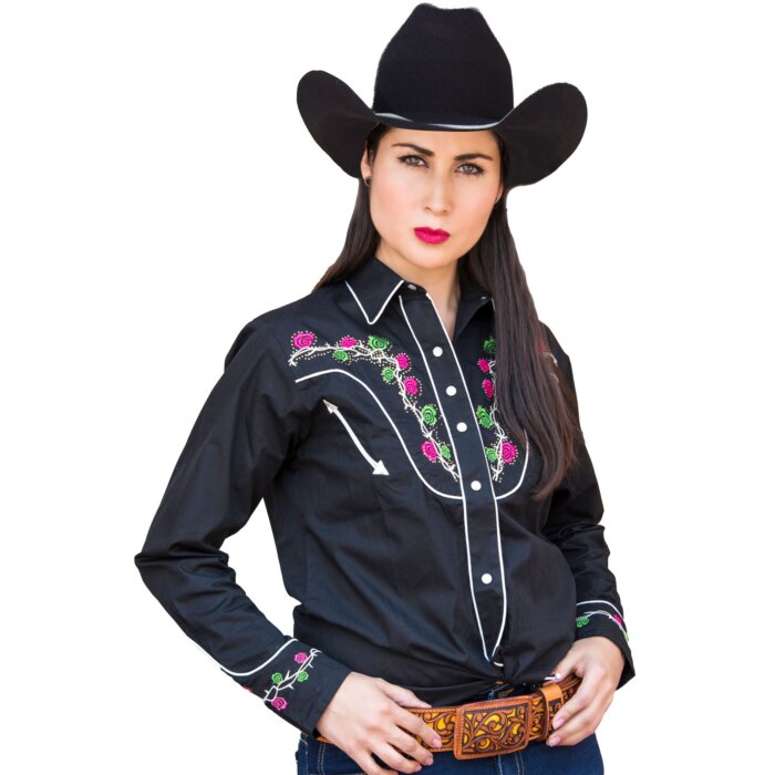 Blusa Vaquera Negra Bordada Flores WD 11-534
